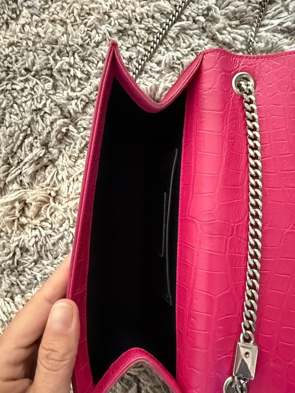 Saint Laurent Fuchsia Croc-Embossed Monogram Chain Crossbody - Picture 3 of 8